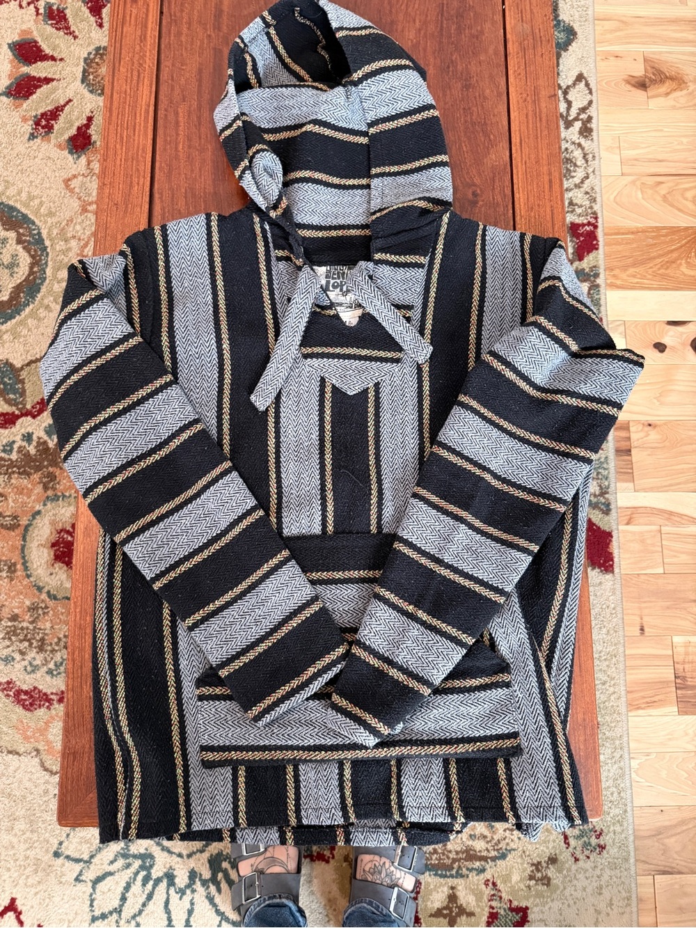 Striped Black, Gray & Gold V-Neck Hooded Sweater